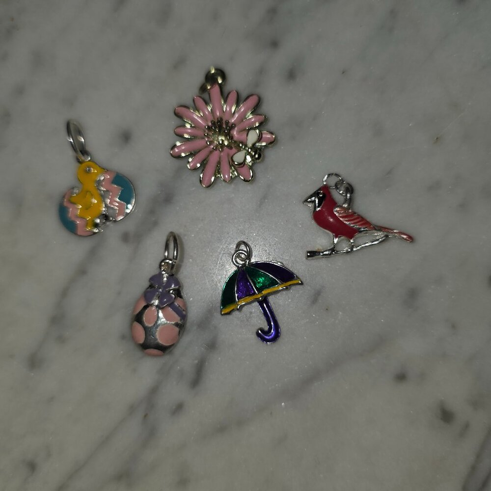 Spring Charm Lot Easter Flower Umbrella Bird Enamel Pendant Set 5 - Picture 2 of 5